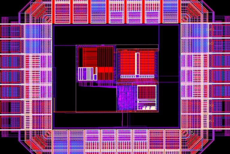 A bright red, fushia, and purple digital model of a computer processor